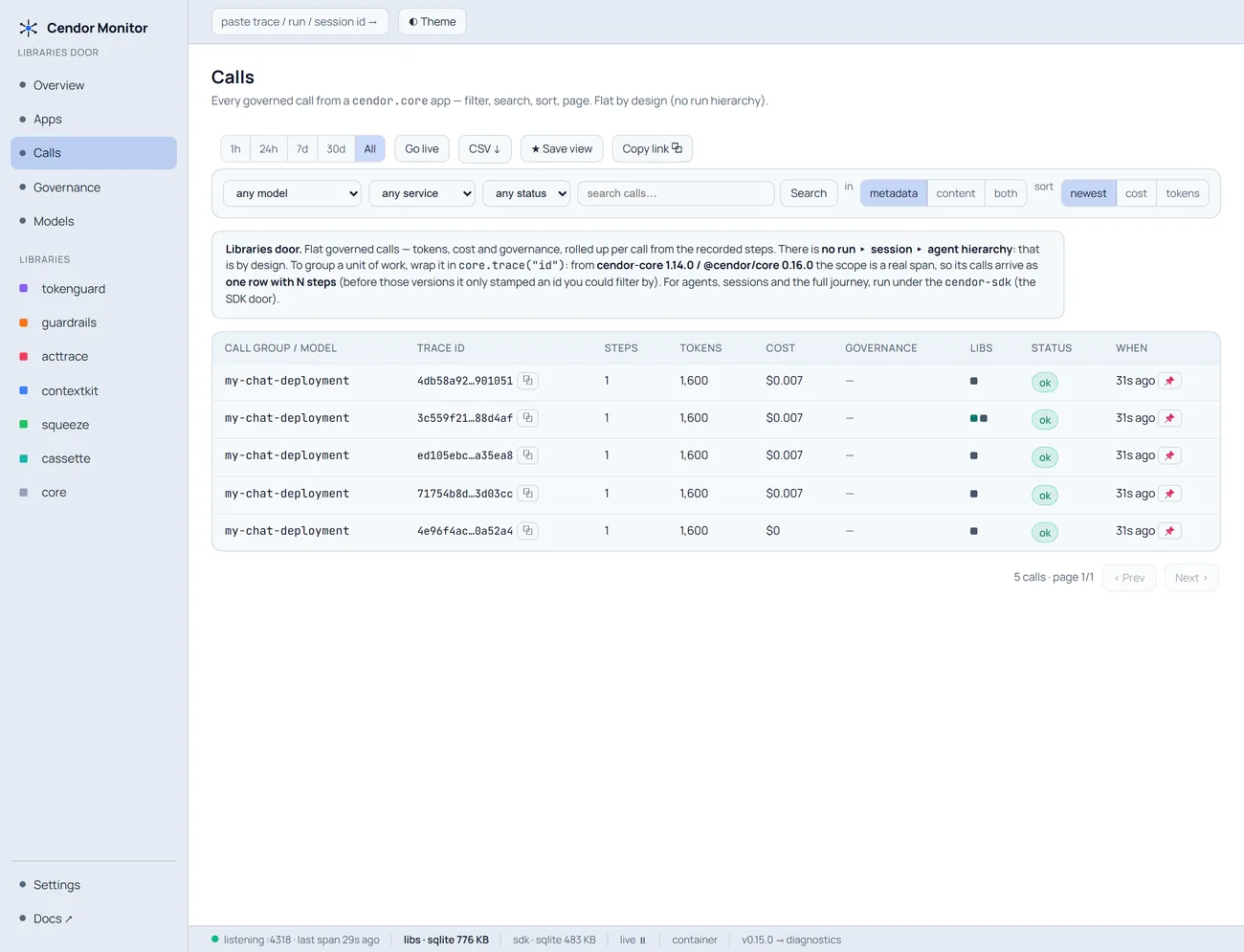 The same five-row Calls list shown in the light theme.