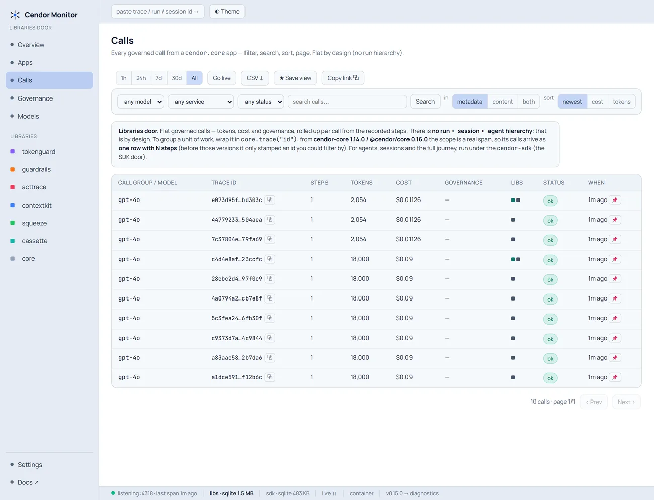 The same Calls list shown in the light theme.