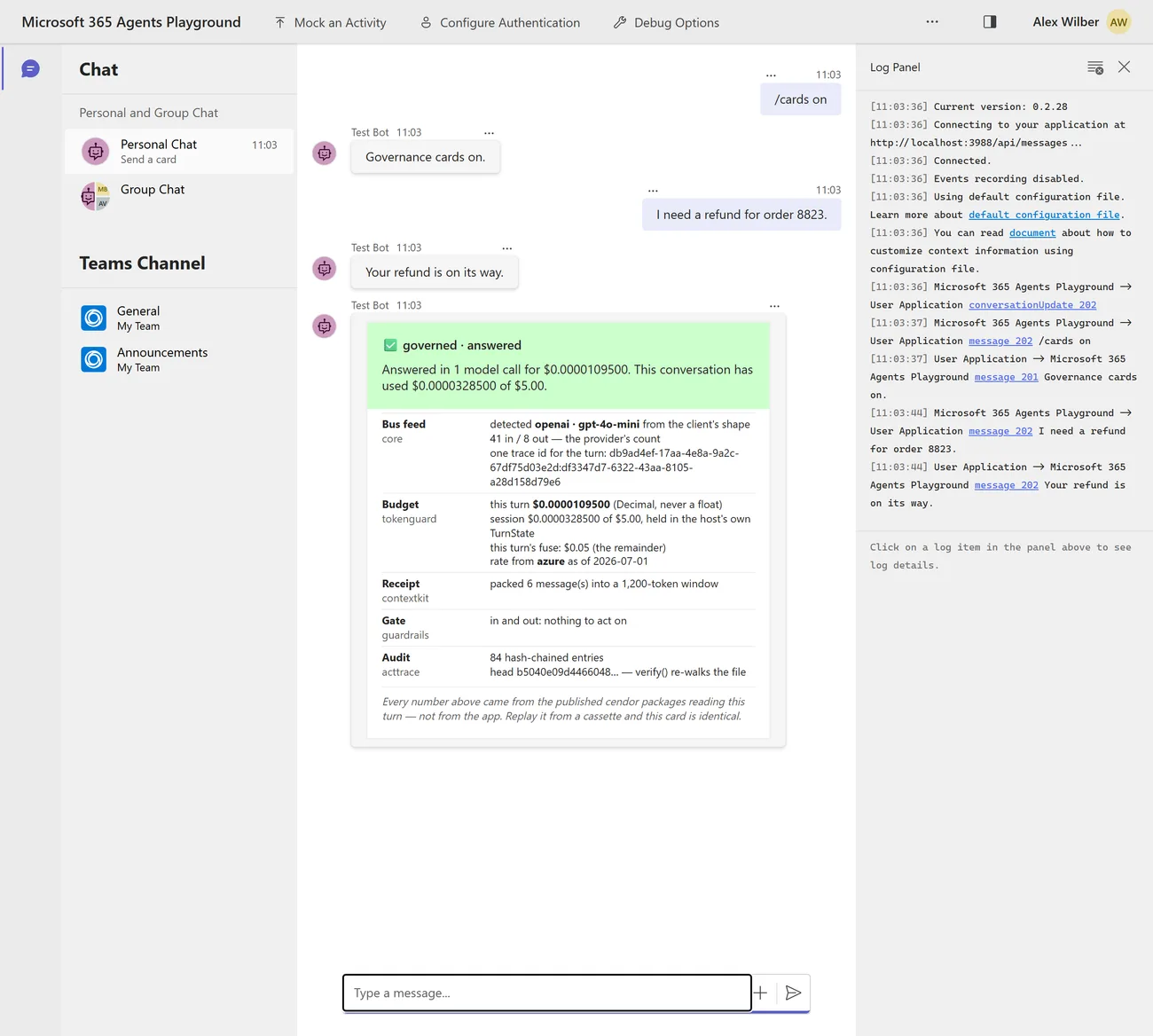 The Microsoft 365 Agents Playground with a governance Adaptive Card under the agent's reply. A green header reads 'governed · answered — Answered in 1 model call for $0.0000109500. This conversation has used $0.0000219000 of $5.00.' Below it, one row per library: Bus feed / core shows openai · gpt-4o-mini, 41 in / 8 out and a trace id; Budget / tokenguard shows this turn $0.0000109500, session $0.0000219000 of $5.00 held in the host's own TurnState, this turn's fuse $0.05, and 'rate from azure as of 2026-07-01'; Receipt / contextkit shows 4 messages packed into a 1,200-token window; Gate / guardrails shows 'in and out: nothing to act on'; Audit / acttrace shows 77 hash-chained entries and the chain head.