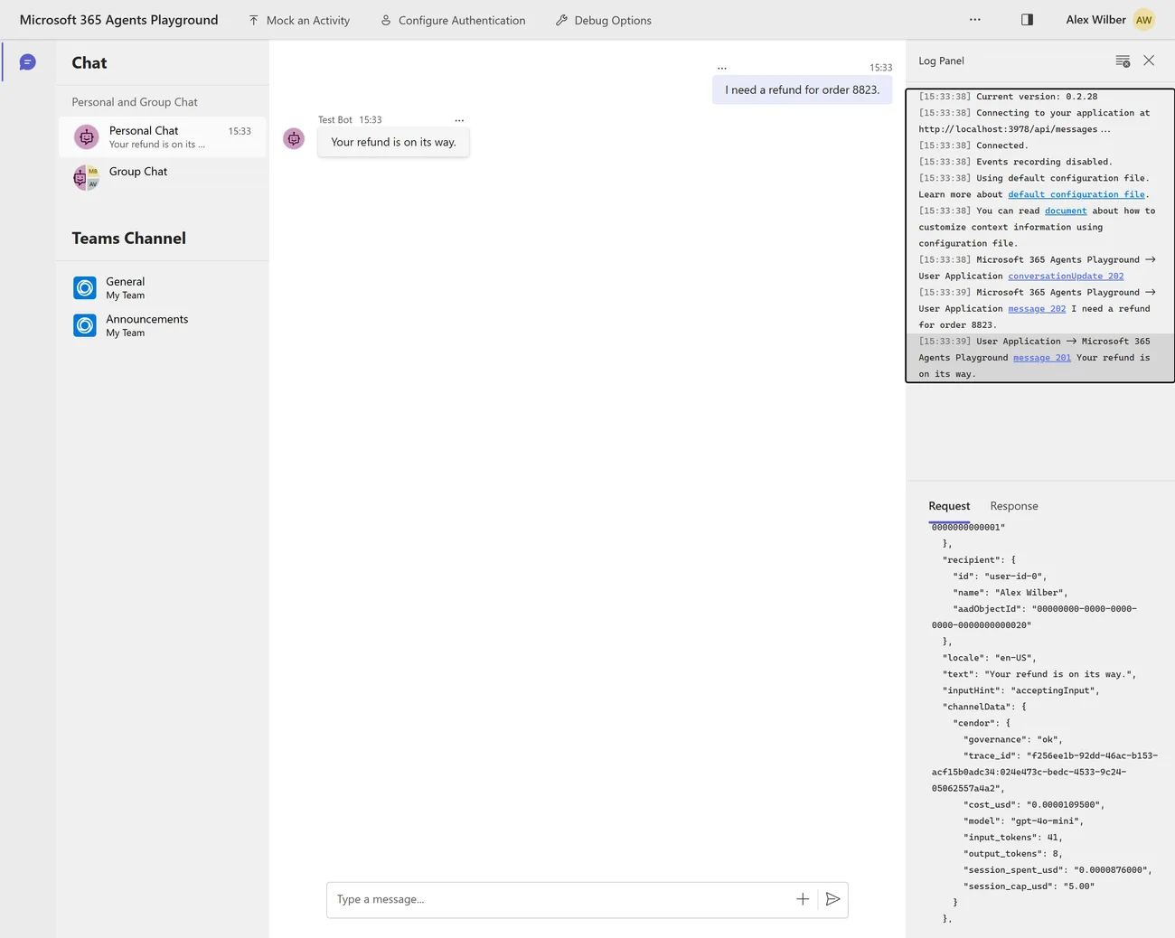 The Playground Log Panel with the outbound activity selected. The Request JSON shows channelData.cendor containing governance ok, a trace_id, cost_usd 0.0000109500, model gpt-4o-mini, input_tokens 41, output_tokens 8, session_spent_usd 0.0000876000 and session_cap_usd 5.00.