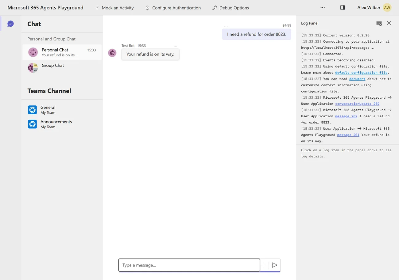 The Microsoft 365 Agents Playground showing a Teams-style chat: the user asks for a refund on order 8823 and the agent replies 'Your refund is on its way.' The Log Panel on the right shows the relay connecting to localhost:3978/api/messages and the two message activities.
