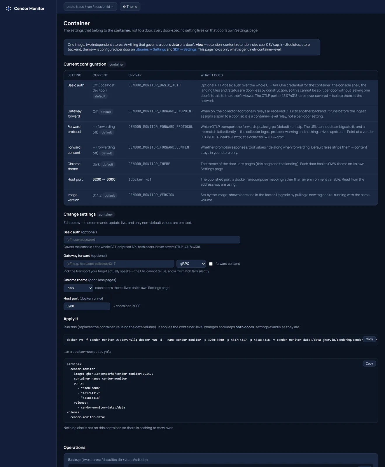Cendor Monitor — The container, on its own page (dark)