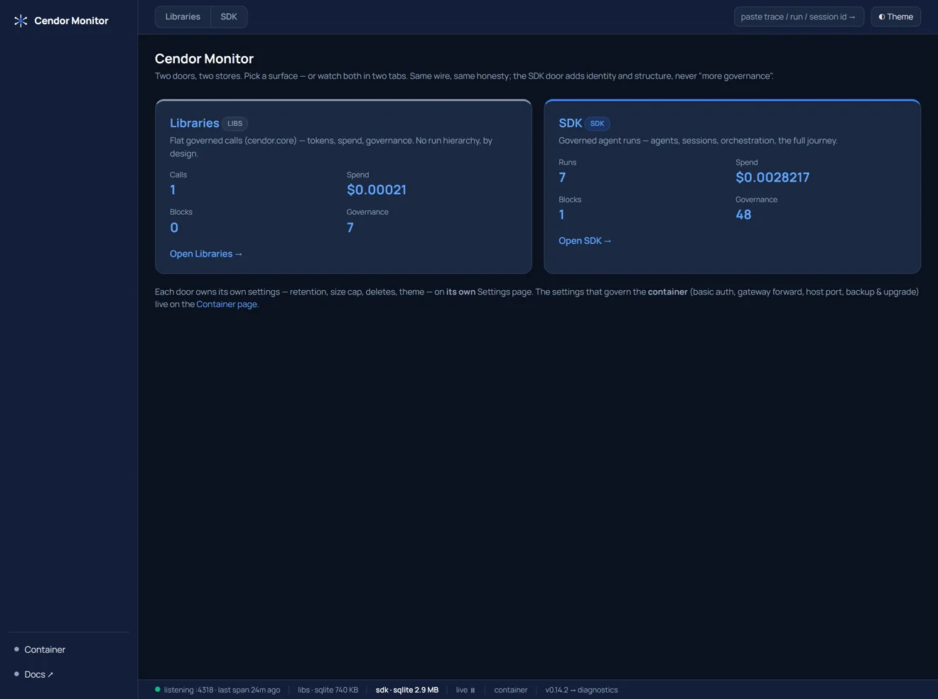 Cendor Monitor — Pick a door — Libraries or SDK (dark)
