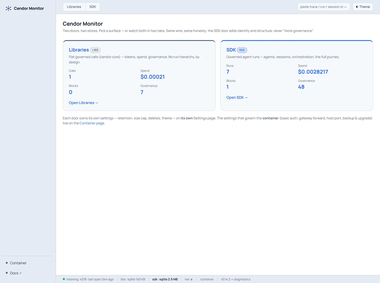 Cendor Monitor — Pick a door — Libraries or SDK (light)