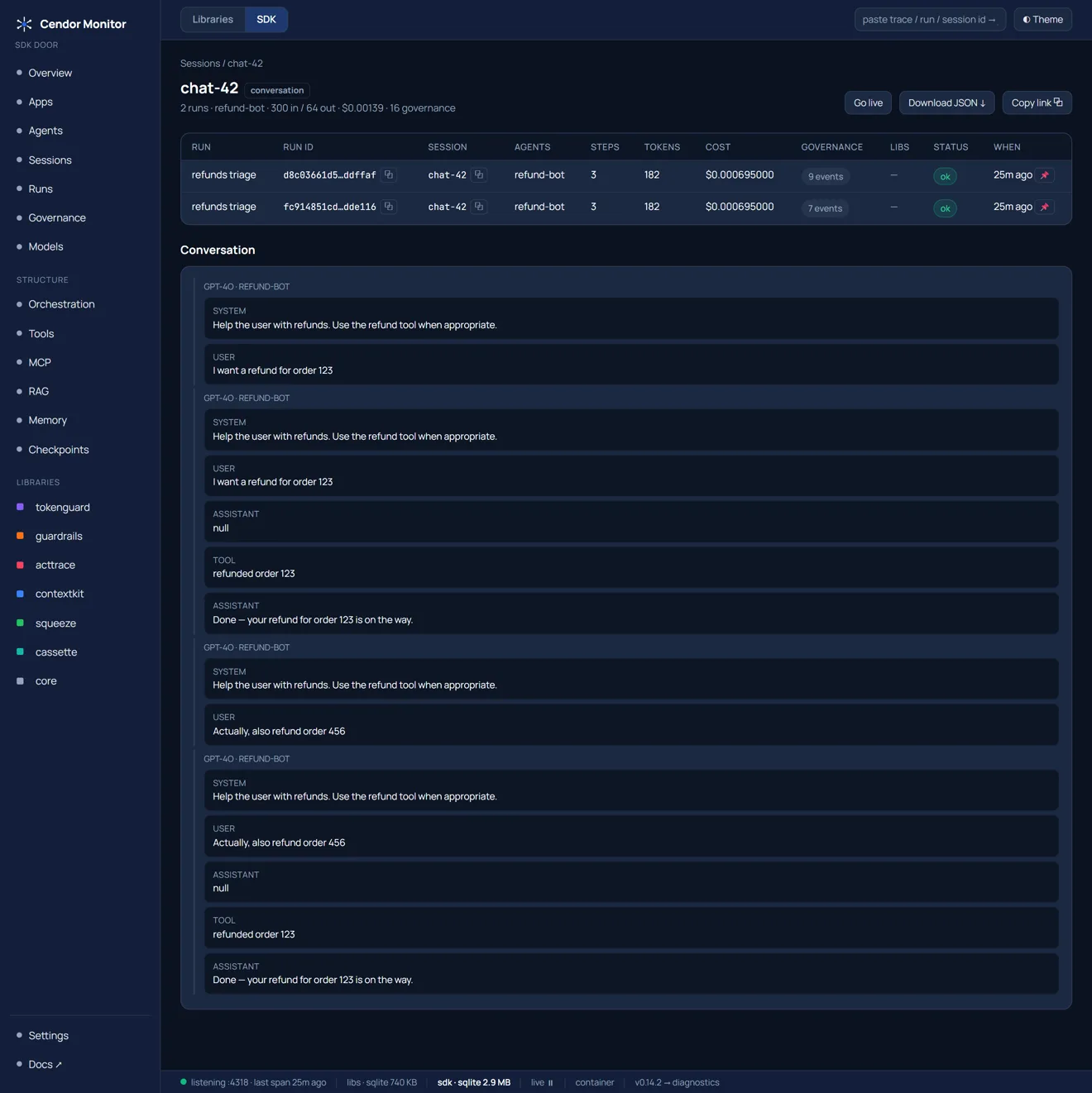 Cendor Monitor — Agents → Sessions → Runs (dark)