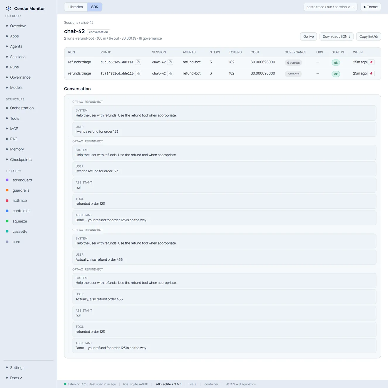 Cendor Monitor — Agents → Sessions → Runs (light)